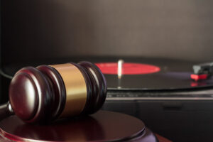 Judge's gavel and vinyl record player